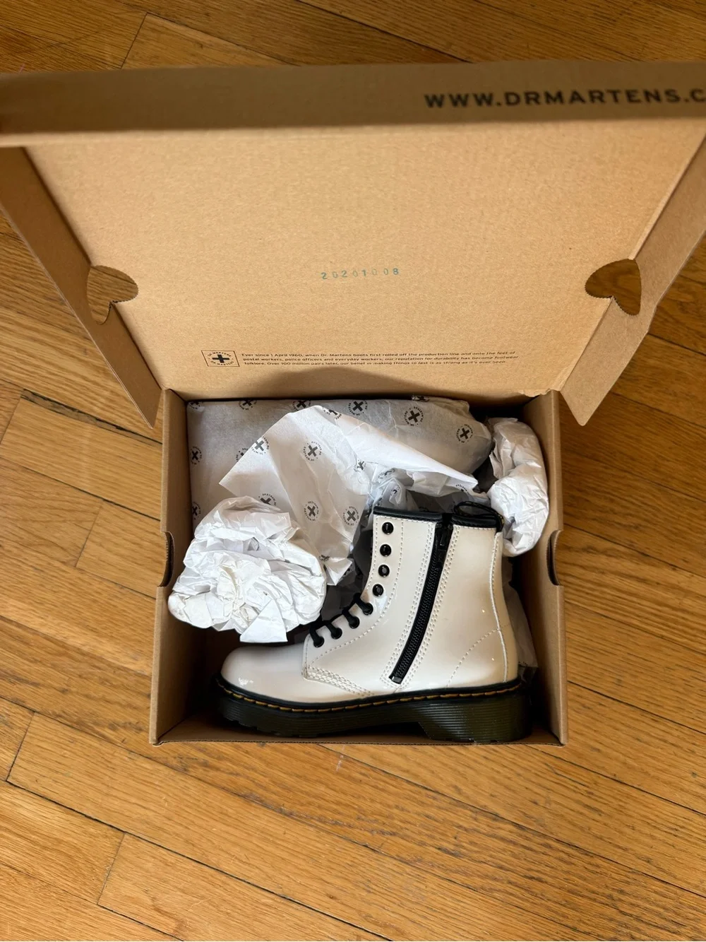 Dr. Martens White Patent Kids Lace-Up Ankle Boots with Black Trim